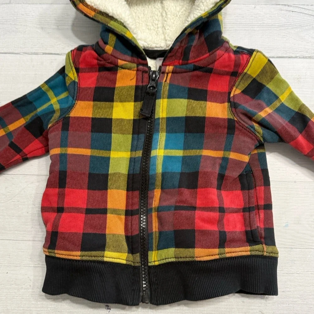 Hanna Andersson baby colorful plaid Sherpa lined zip up sweatshirt 70 6-12 month